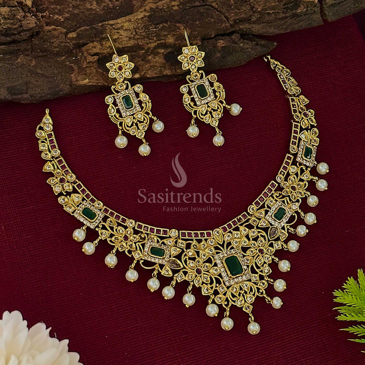 Temple Matte Gold Plated AD Floral Choker Jewellery Set - Perfect for Traditional Occasions | Sasitrends