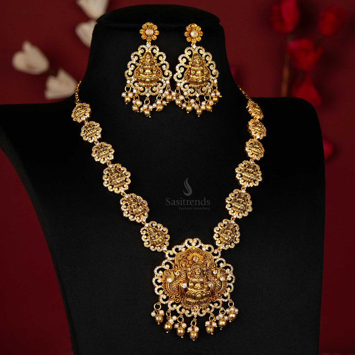 Lakshmi and Peacock Motif Temple Necklace with Pearls and Golden Balls