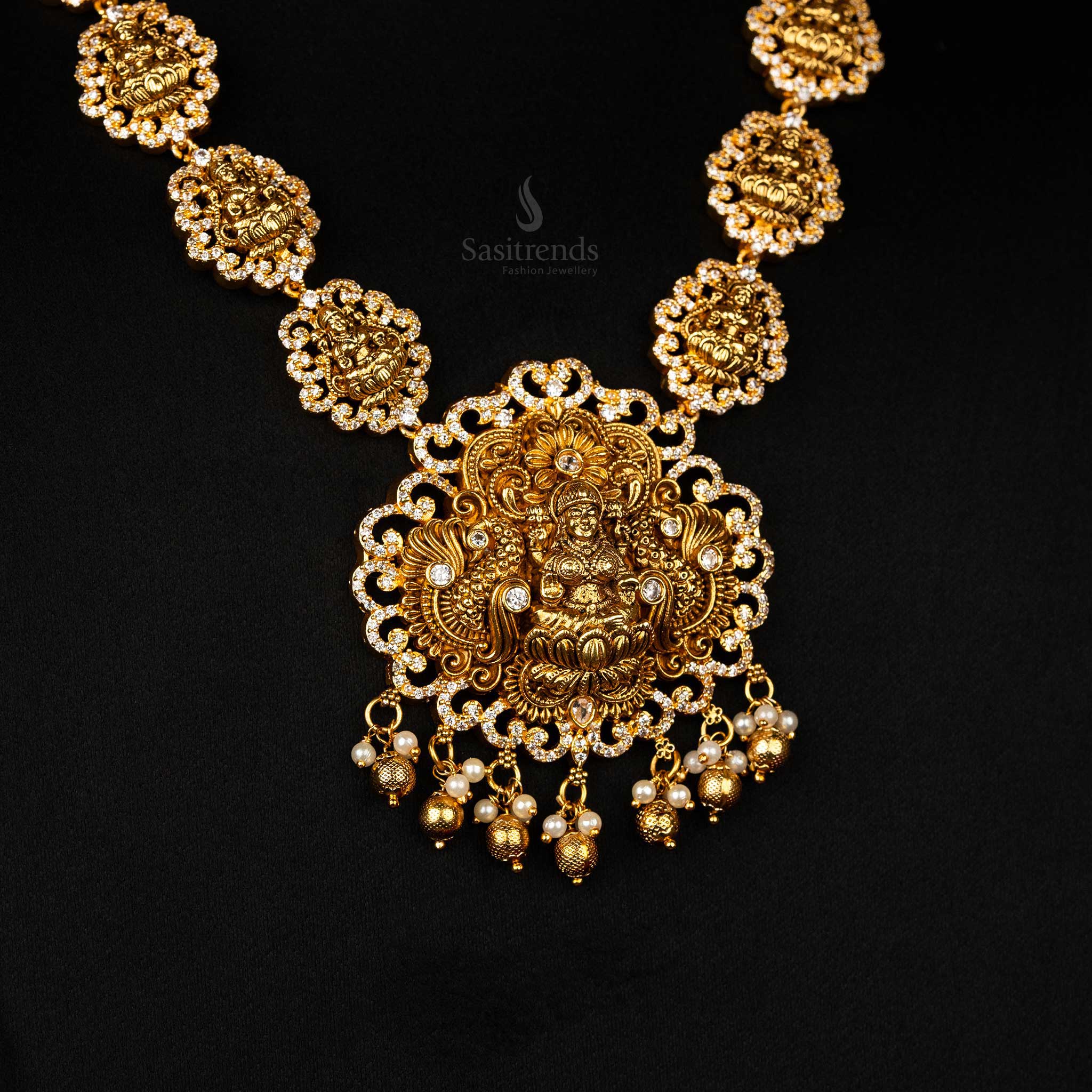 Traditional Temple Jewellery Set with Lakshmi Motif and Pearl Hangings