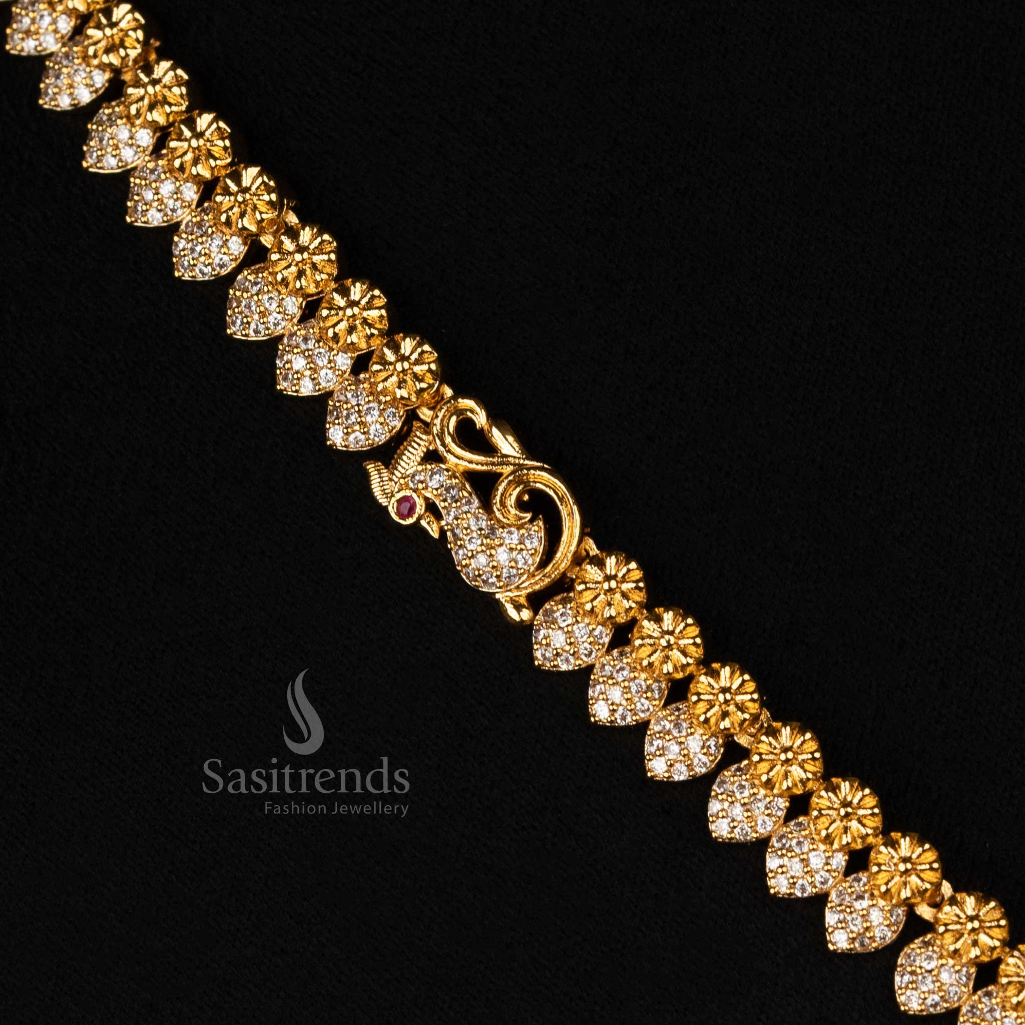 Dazzling Bridal Temple Jewellery Set in Matte Gold with Peacock Motif, Floral Design, American Diamonds, and Pearls - Sasitrends