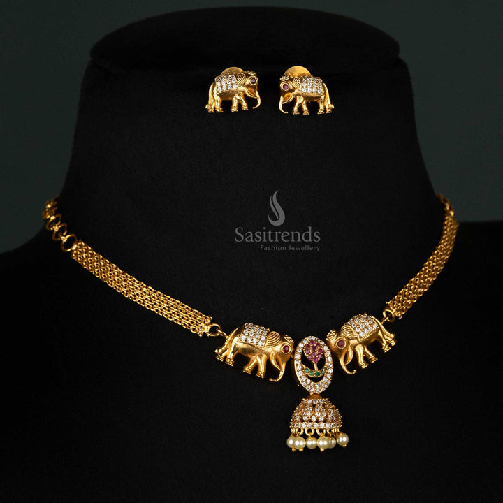 Temple-style choker necklace with elephant and floral motifs, AD stones, and pearls - Sasitrends