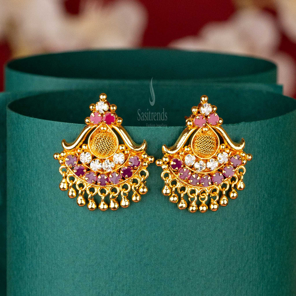 Elegant Ruby-White Floral Gold Plated Stud Earrings