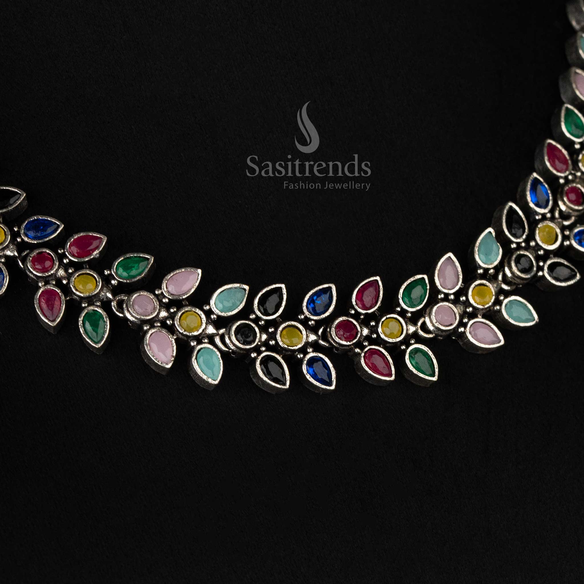 Chic Oxidised Yellow Multi-Color Leaf Necklace with Matching Earrings – Unique Jewelry for Navarathri Celebrations - sasitrends
