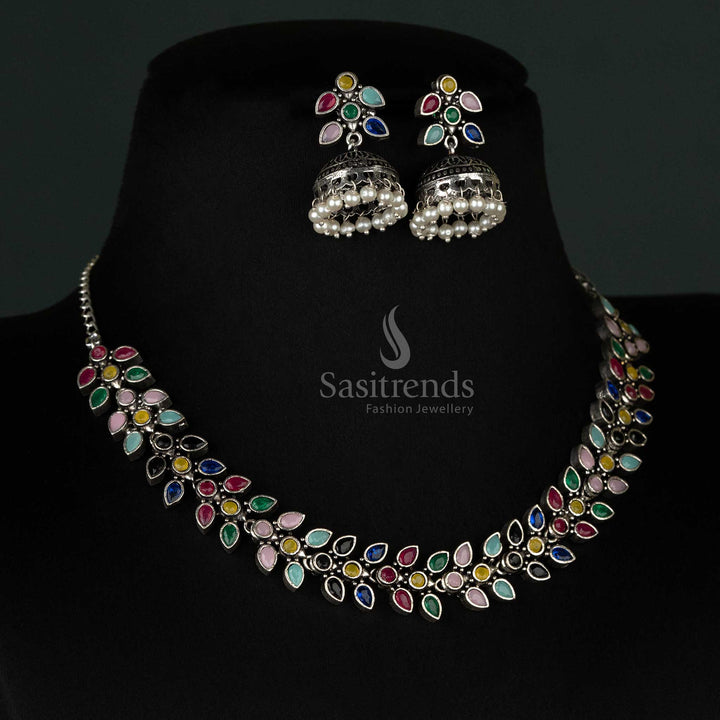 Sasitrends Latest Party Wear Madhavi Oxidised Stones Jewellery Set with Pearl Jhumkas for Women & Girls