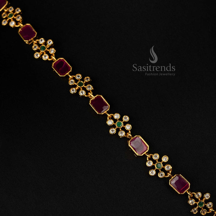 Stunning ruby-stone jewellery set with matte gold finish and American diamond embellishments, ideal for women’s festive wear - Sasitrends