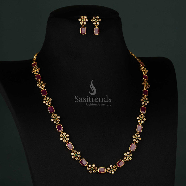 Exquisite matte gold-plated necklace set featuring ruby stones and intricate American diamond detailing for a graceful look - Sasitrends