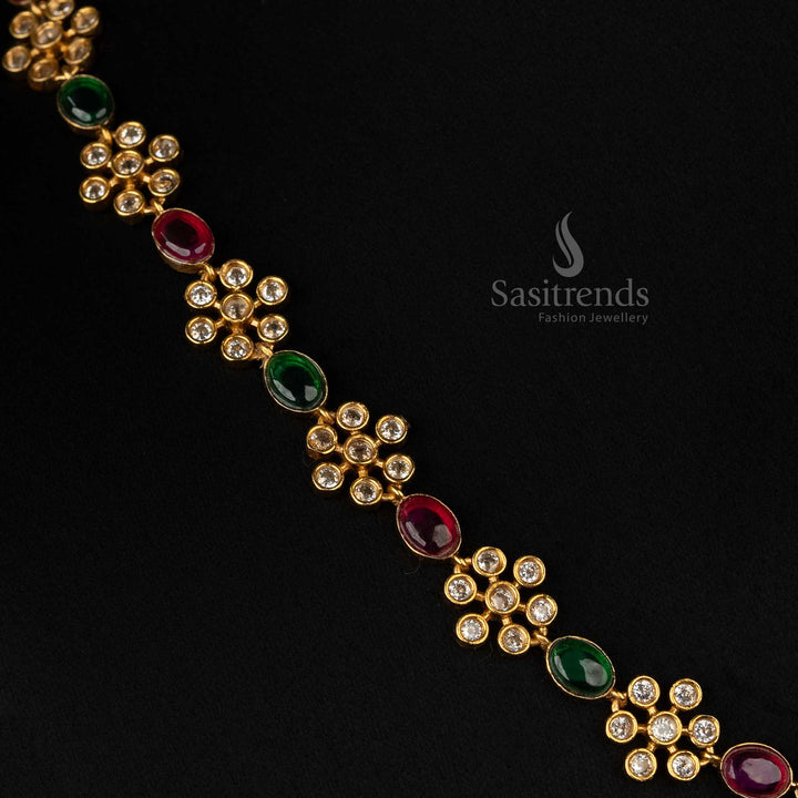 Exquisite matte gold-plated necklace set with ruby-green stones and intricate floral motifs, ideal for women’s festive wear - Sasitrends