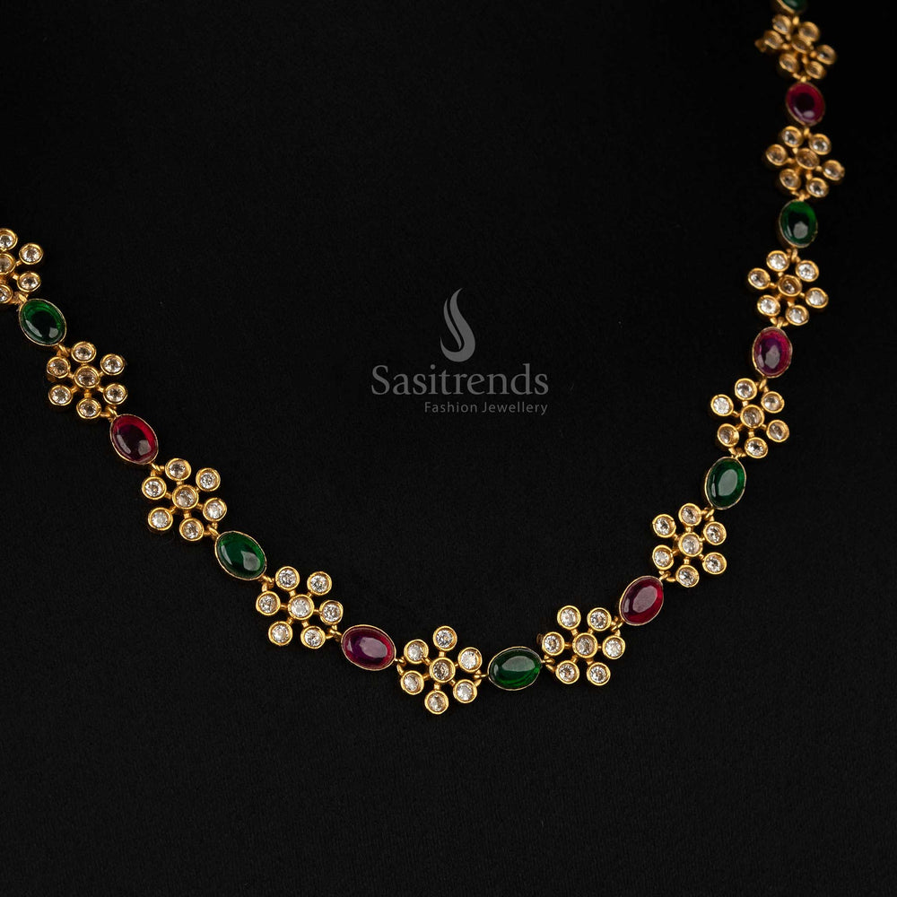 Gorgeous American diamond jewellery set with ruby-green stones, matte gold plating, and a trendy floral design for women - Sasitrends