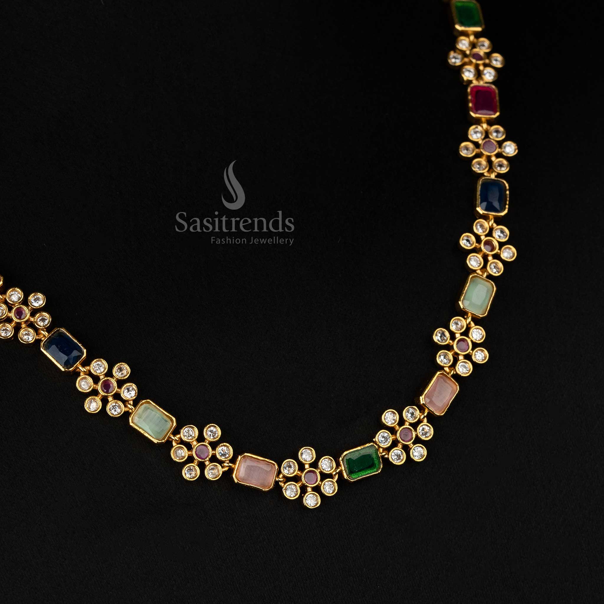 Stunning multi-color stone jewellery set with matte gold finish and floral motifs, designed for women’s special occasions - Sasitrends