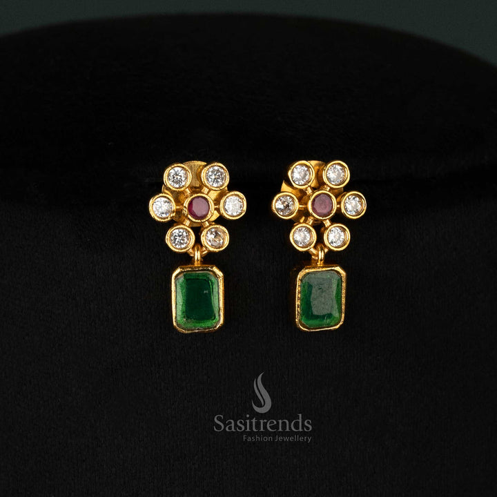 Luxurious floral-design earrings set with multi-color stones, American diamonds, and matte gold plating, crafted for party and festive wear - Sasitrends