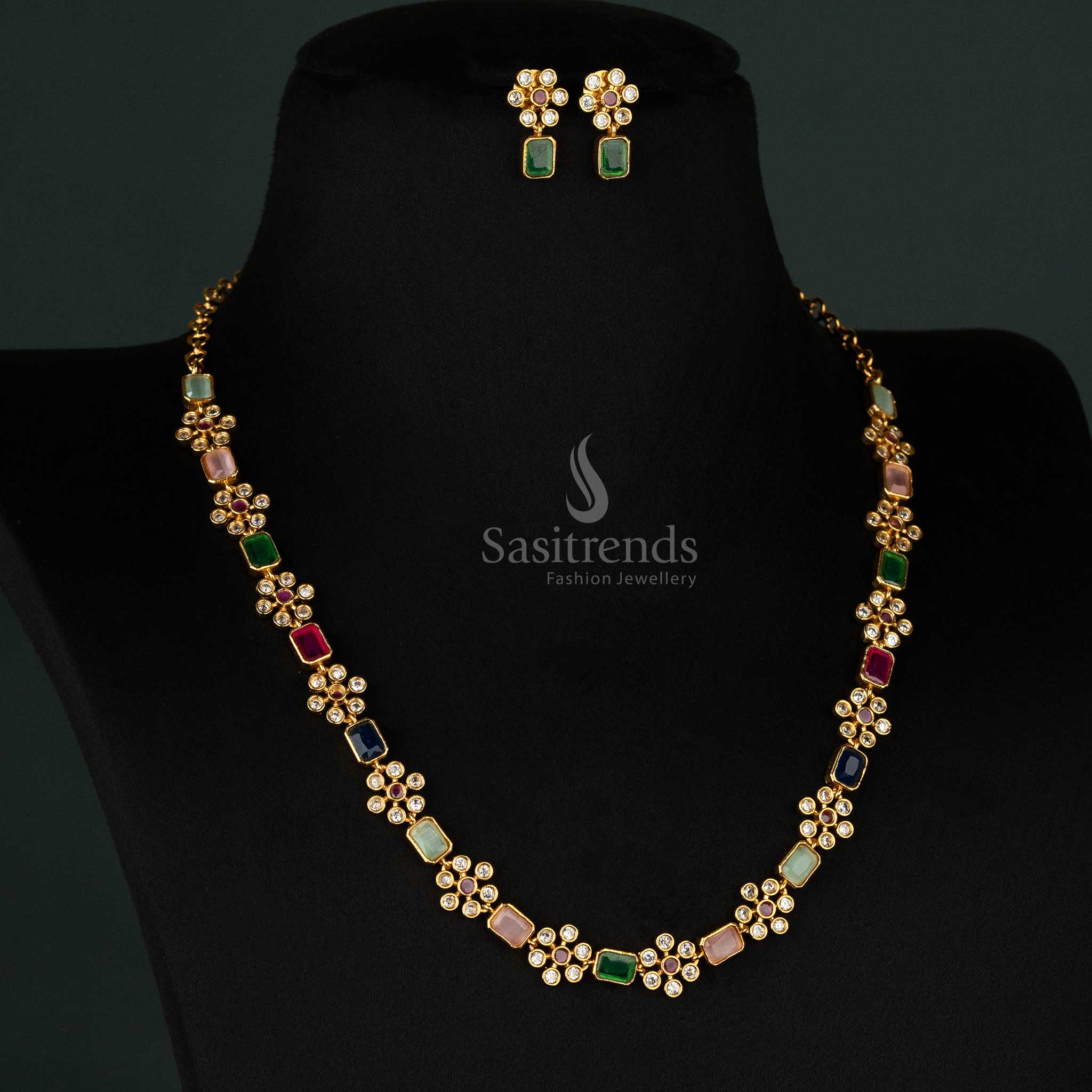 Exquisite matte gold-plated floral jewellery set featuring multi-color stones and sparkling American diamond accents for women’s party wear - Sasitrends