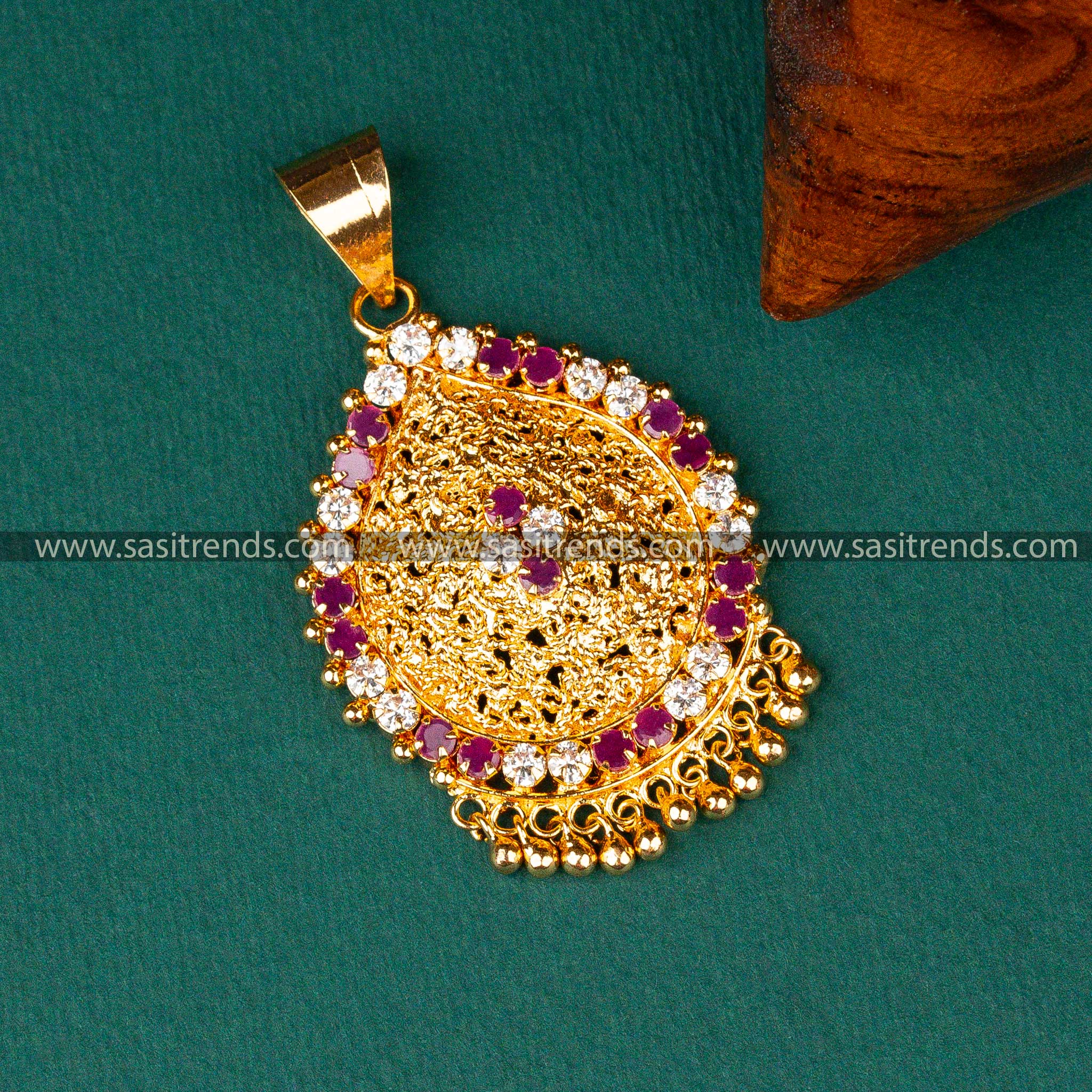 Traditional Temple Wear Gold Plated White Ruby AD Stone Studded Pendant Sasitrends Online Shopping