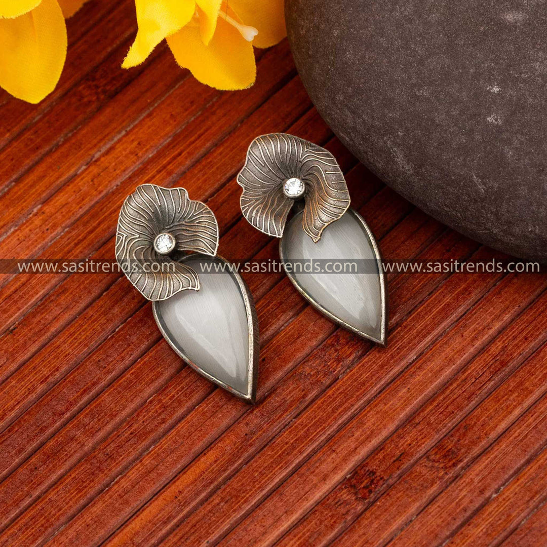 Sophisticated Freya White Stud Earrings in Oxidised Silver Look with Stone Embellishment