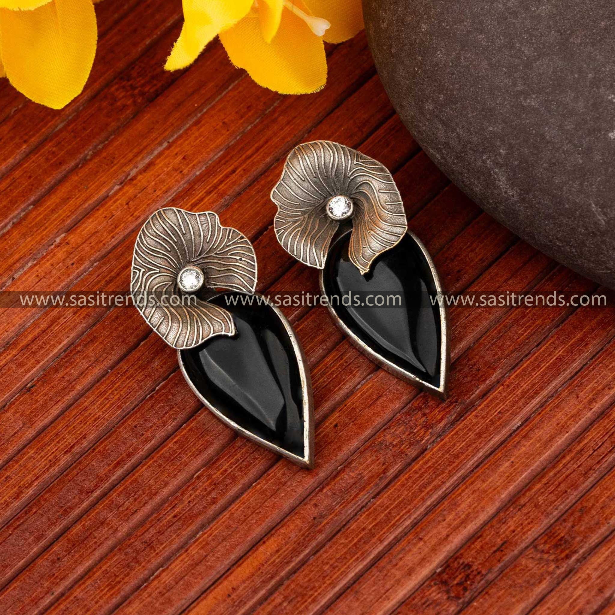 Classic Freya Black Stud Earrings in Oxidised Silver Style with Stone Centerpiece Navarathiri Special