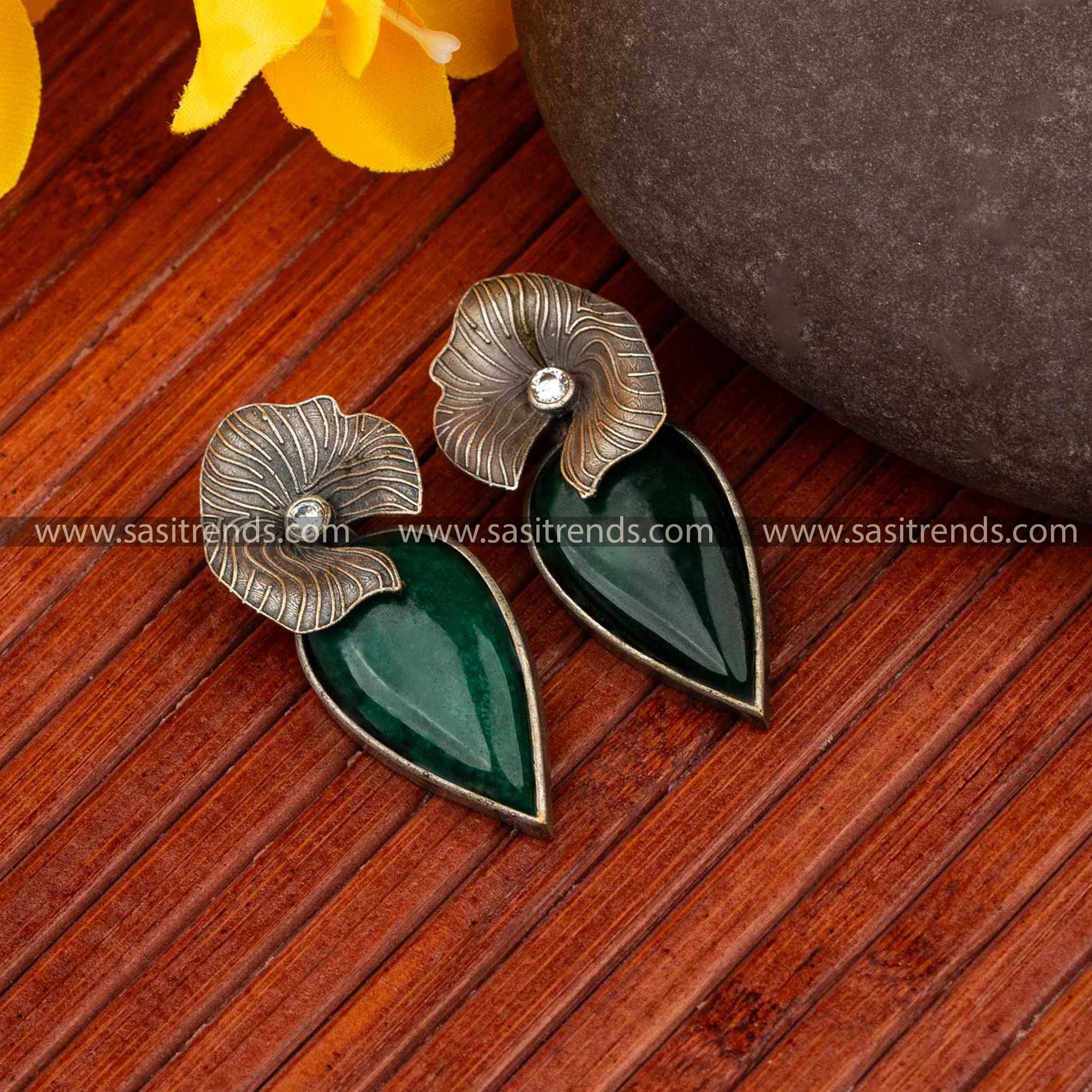 Verdant Freya Green Stud Earrings in Oxidised Silver Look-Alike Finish with Stone Highlights Navarathiri