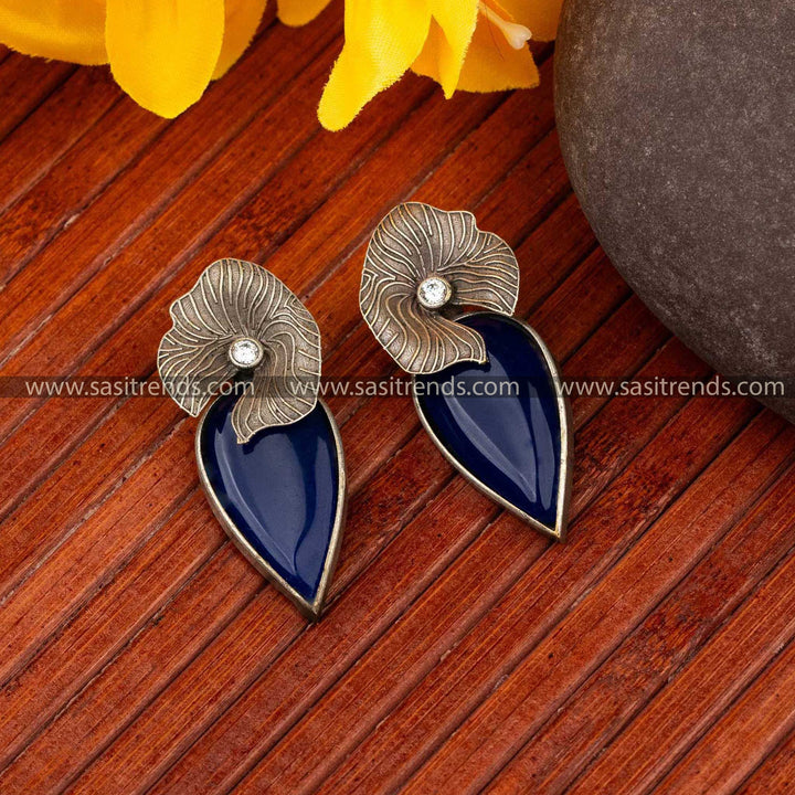 Elegant Freya Blue Stud Earrings in Oxidised Silver Finish with Stone Accents 