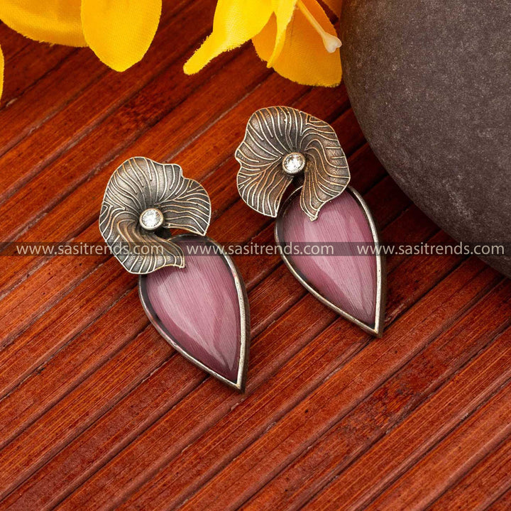 Charming Freya Pink Stud Earrings in Oxidised Silver Look with Stone Detail 