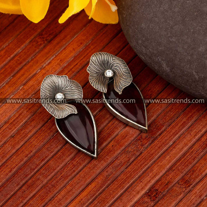 Espresso maroon stone with oxidised silver floral accent Freya stud earrings