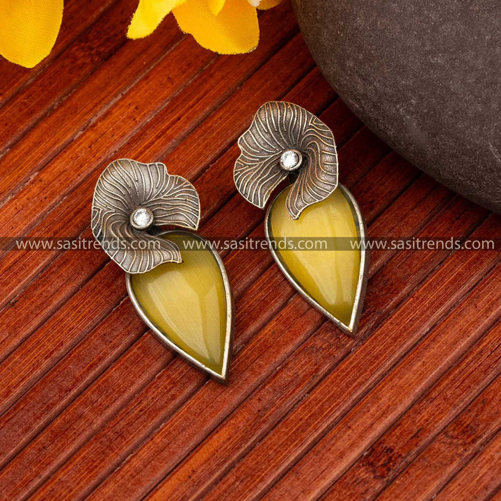  Yellow stone with oxidised silver floral accent Freya stud earrings