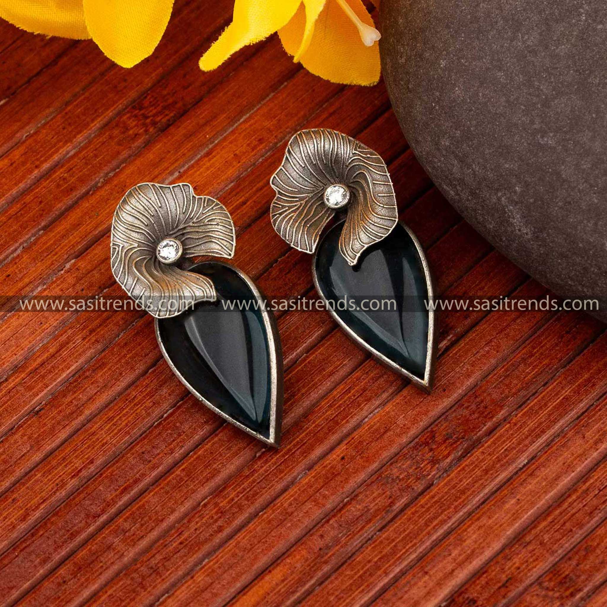 Peacock Blue stone with oxidised silver floral accent Freya stud earrings navarathiri special