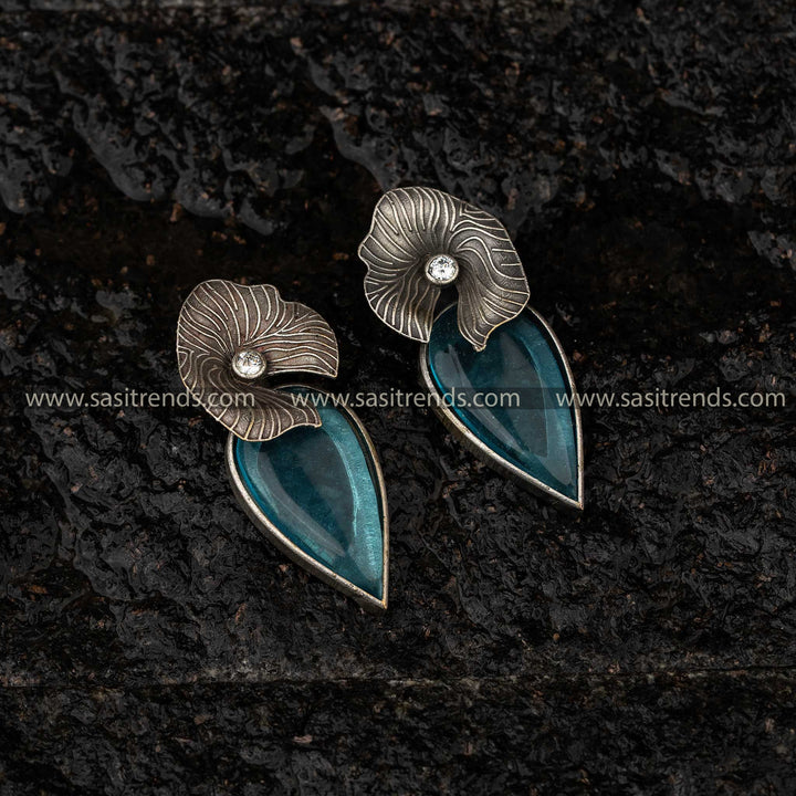 Freya Latest Oxidised Ocean Blue Stones Stud Earrings Online Shopping