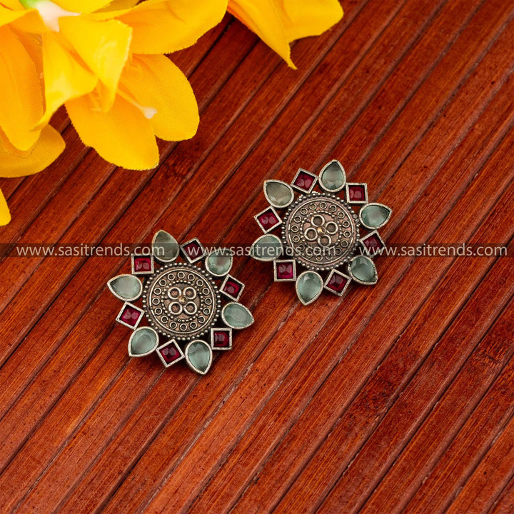 Oxidised silver mandala stud earrings with mint and ruby accents navarathiri special