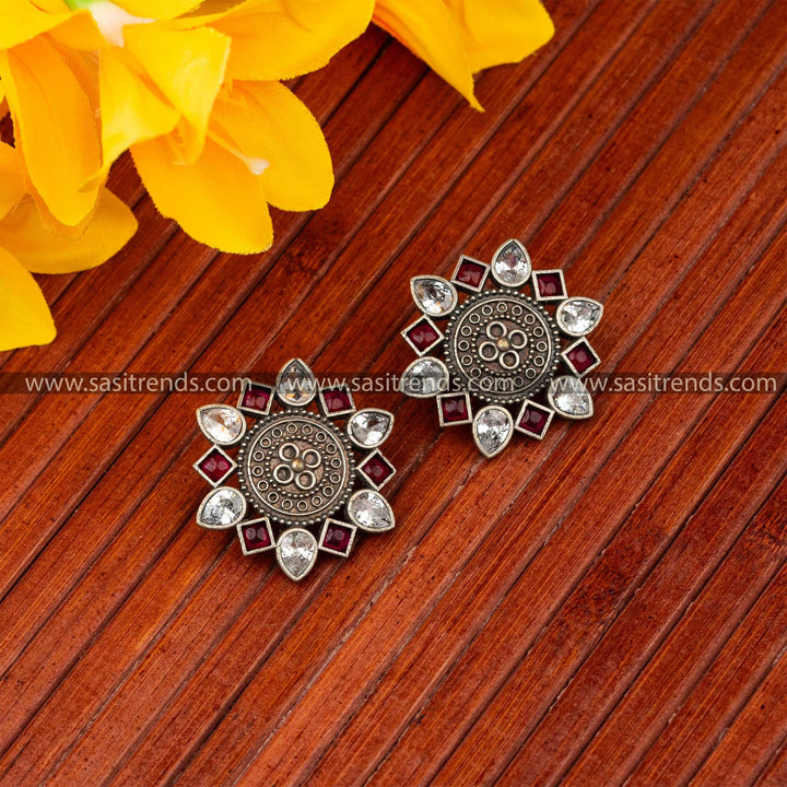 Radiant Mandala Stud Earrings Oxidised Ruby White Accents Online Shopping