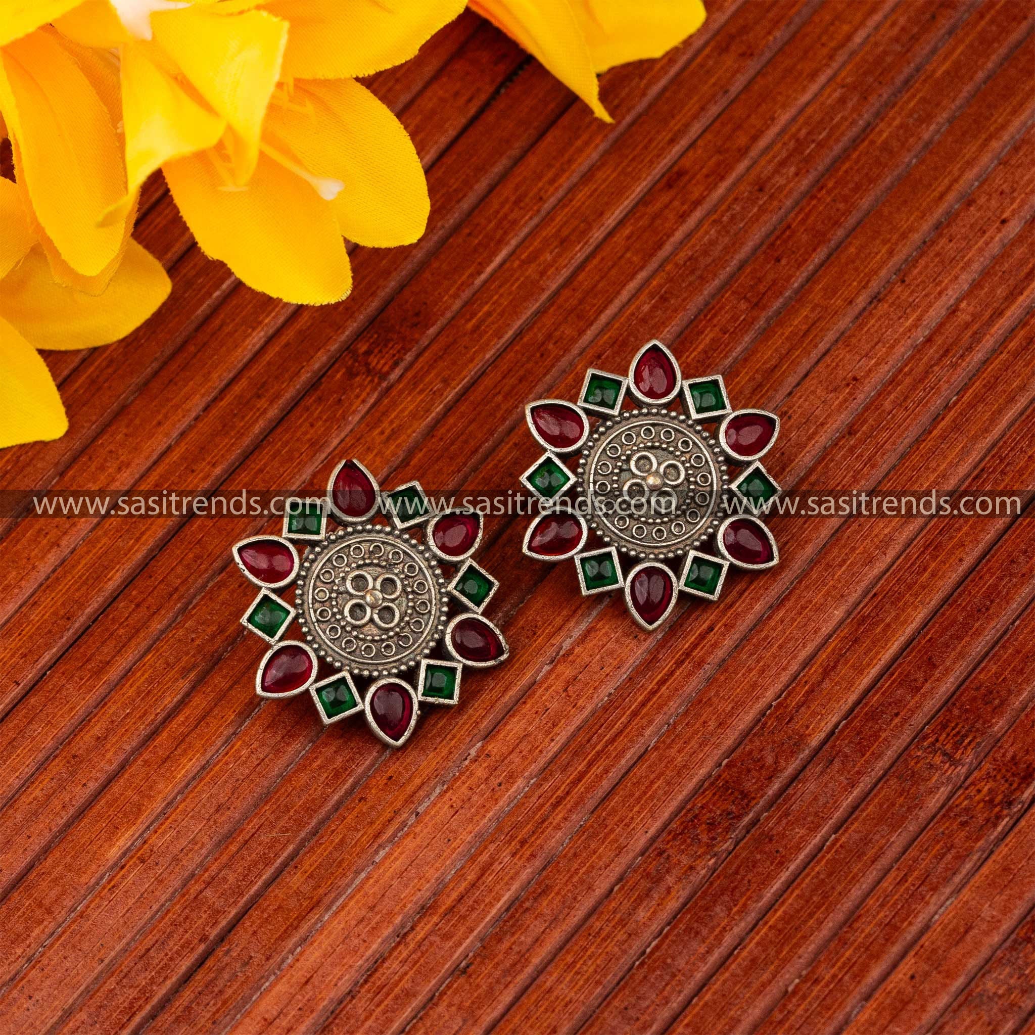 Radiant Mandala Stud Earrings Oxidised Ruby Green Accents Sasitrends Navarathiri Online