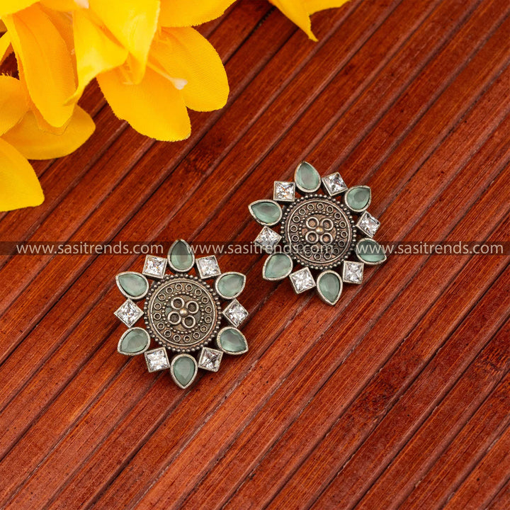 Radiant Mandala Stud Mint White Oxidised Navarathiri Special Earrings Sasitrends