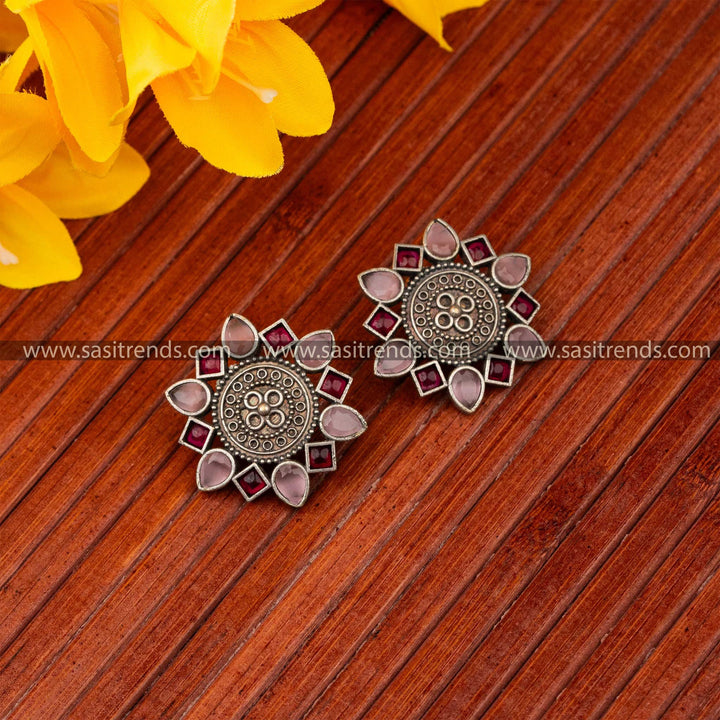 Radiant Mandala Stud Earrings Oxidised Pink Ruby Accents Sasitrends Online Navarathiri