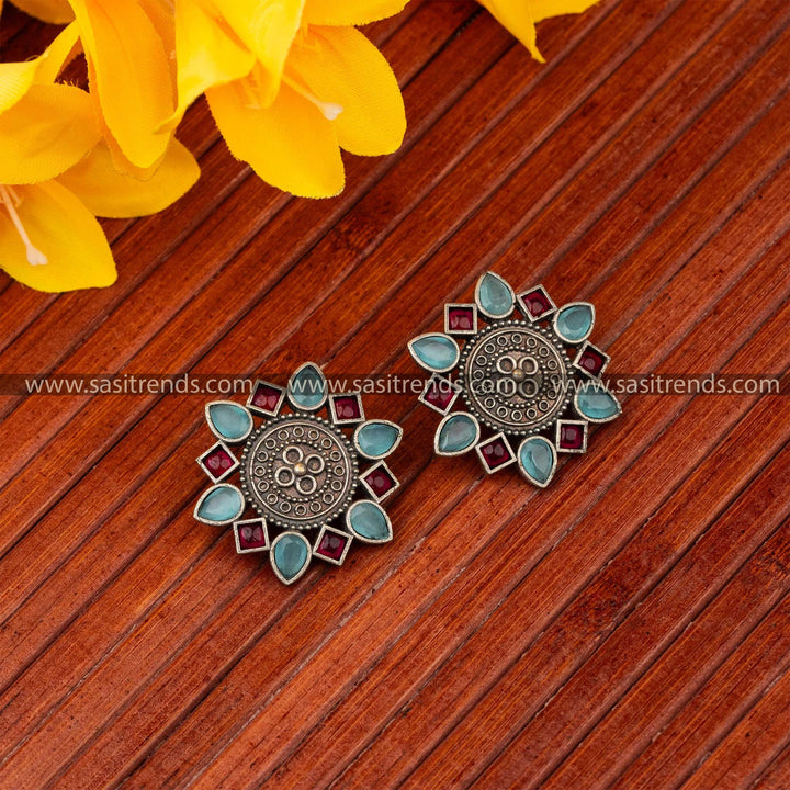 Radiant Mandala Stud Skyblue And Ruby Stone Stud Oxidised Earrings