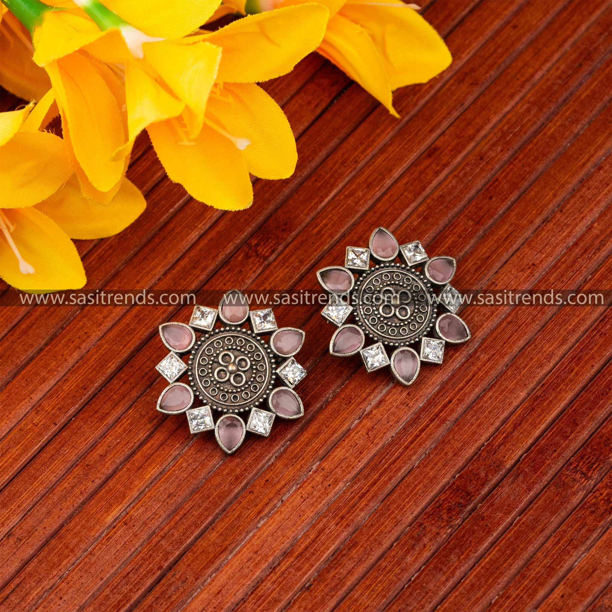 Radiant Mandala stud Pink White Accent Oxidised Earrings Sasitrends Online Shopping