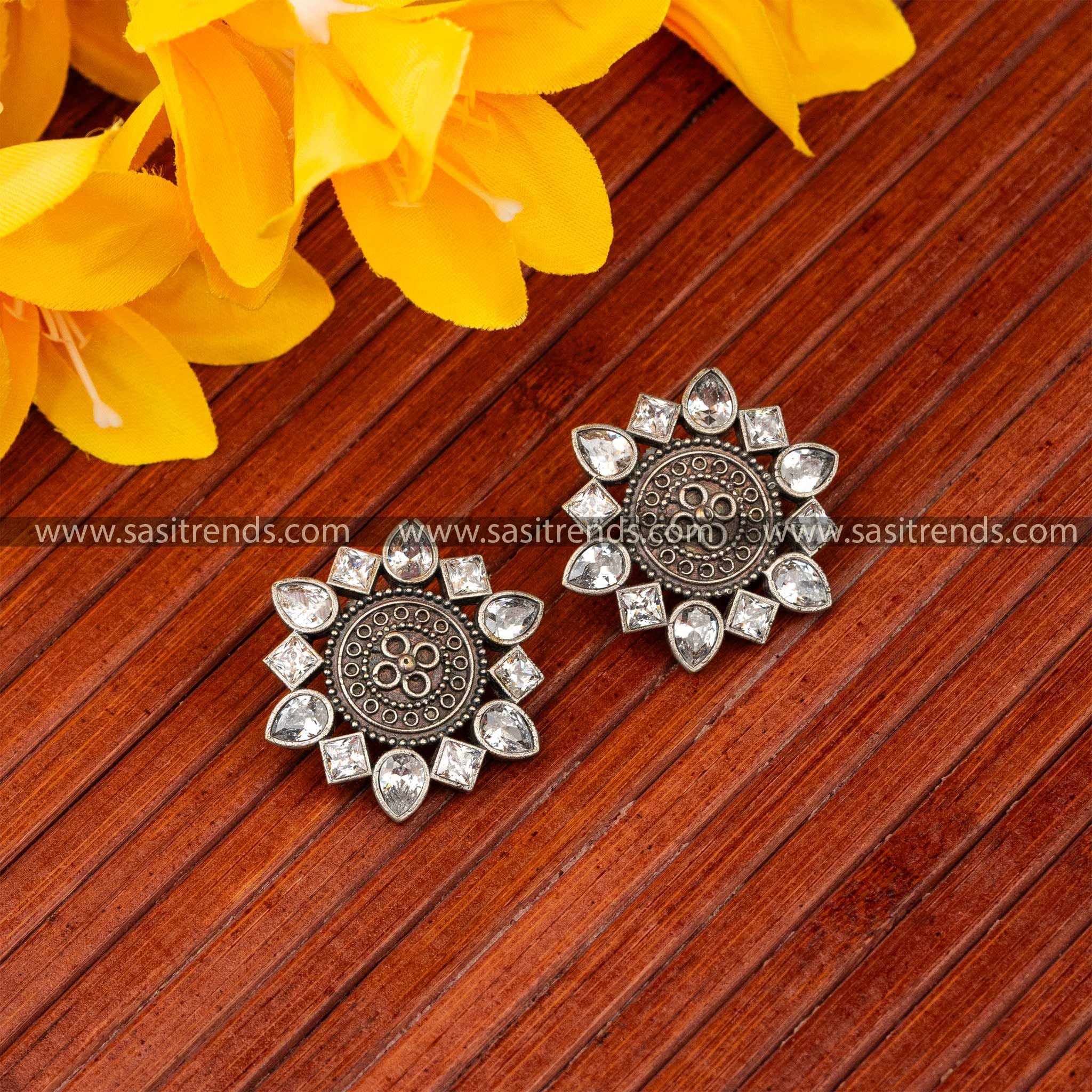 Radiant Mandala Stud Earrings Oxidised Silver White Accents Sasitrends Online Shopping