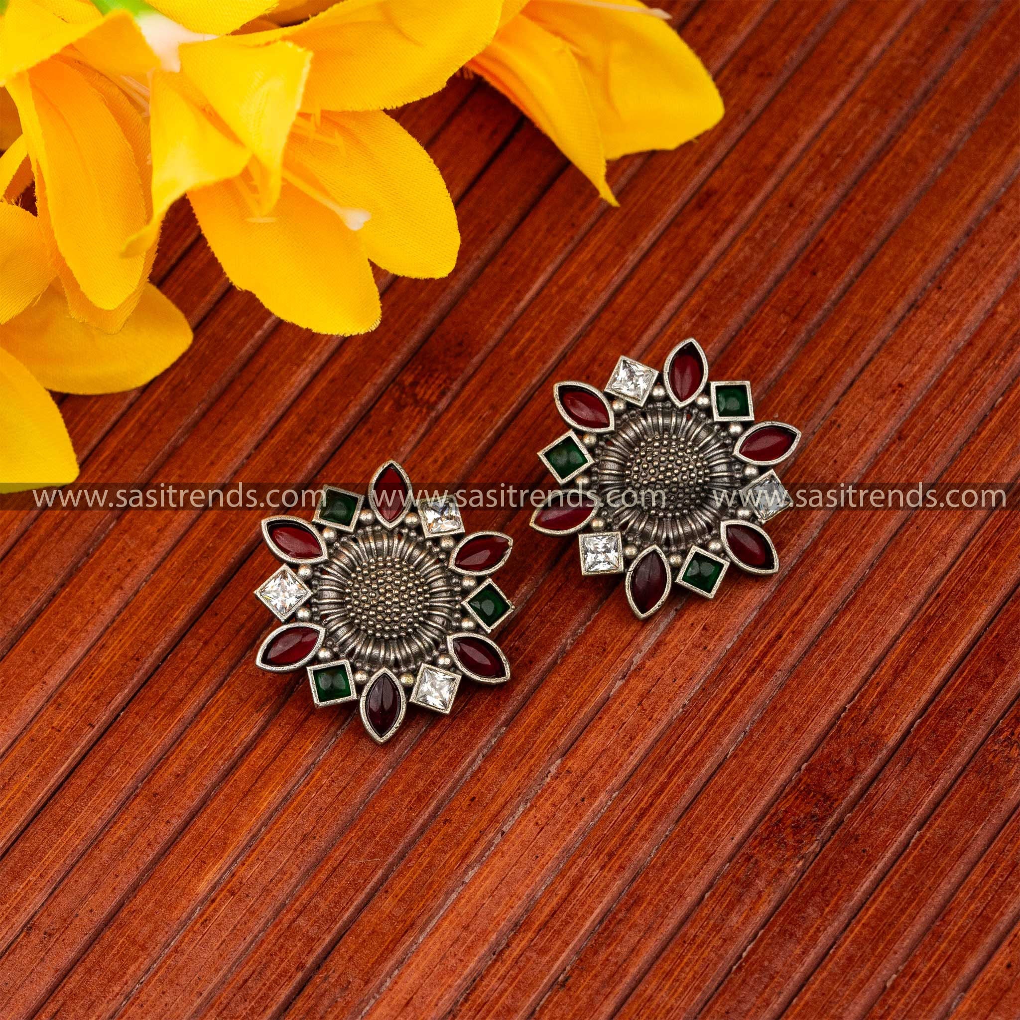 Mantndala Oxidised Multi Color Stone Stud Flower Designer Navarathiri Elegance Earrings