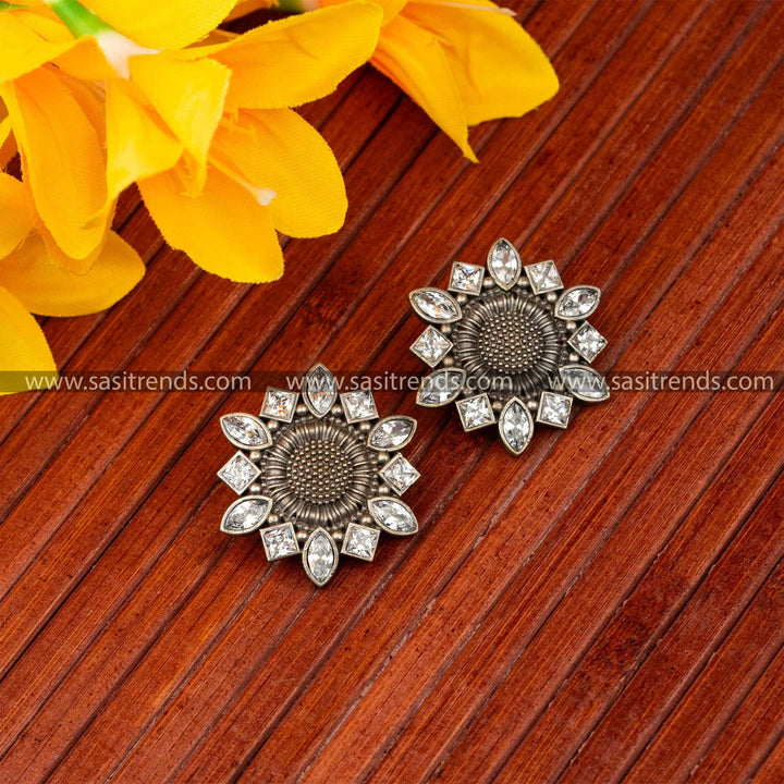 Trendy Oxidised White Stone Stud Navarathiri Elegant Earrings