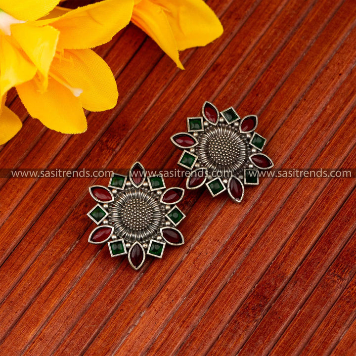 Ruby Green Stone Stud Flower Designer Latest Oxidised Navarathiri Earrings