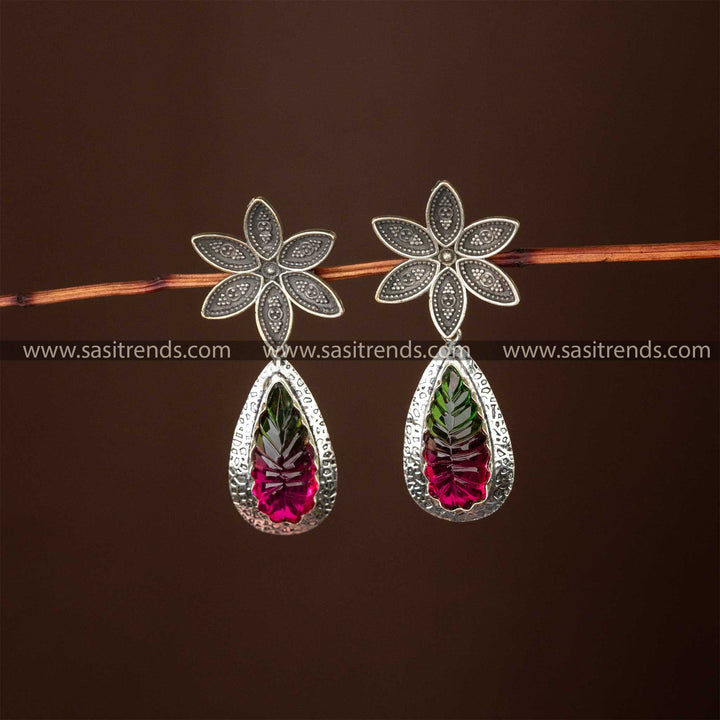 Floral Radiance Oxidised Silver Lookalike Drop Earrings with Water drop Gemstone