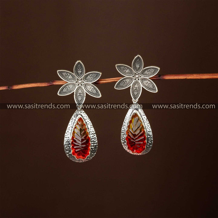 Yellow Red Floral Radiance Oxidised Earrings Water Drop Fuchsia Stone Sasitrends