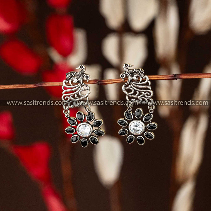 Peacock Petal Oxidised Silver Earrings with Gemstone Embellishments - Sasitrends