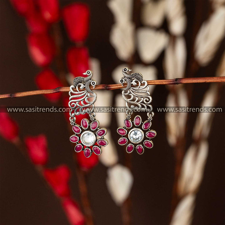 Peacock Petal Oxidised Earrings Ruby Flower Stone Online Shopping