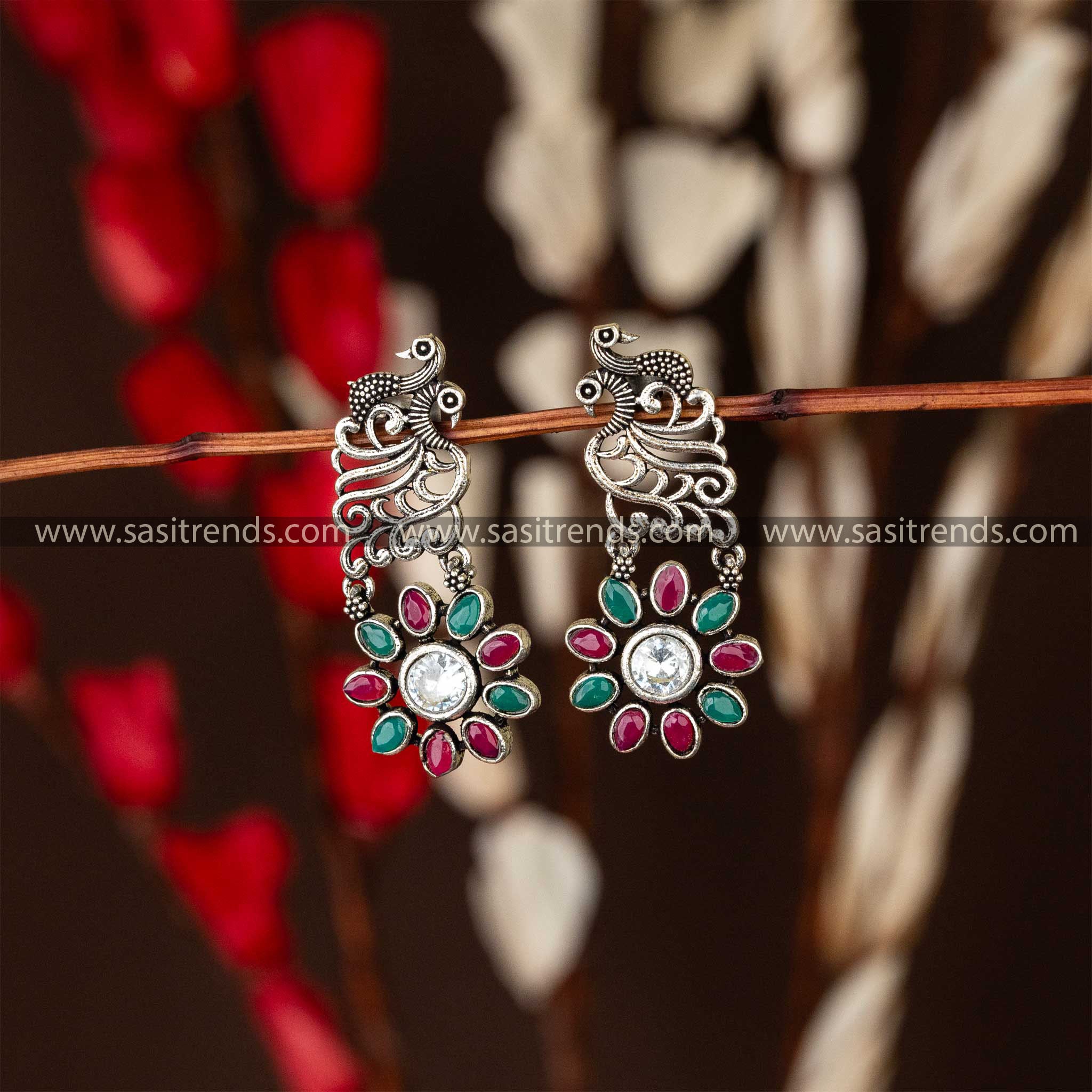 Peacock Petal Oxidised Earrings Ruby Green Flower Stone Online Shopping