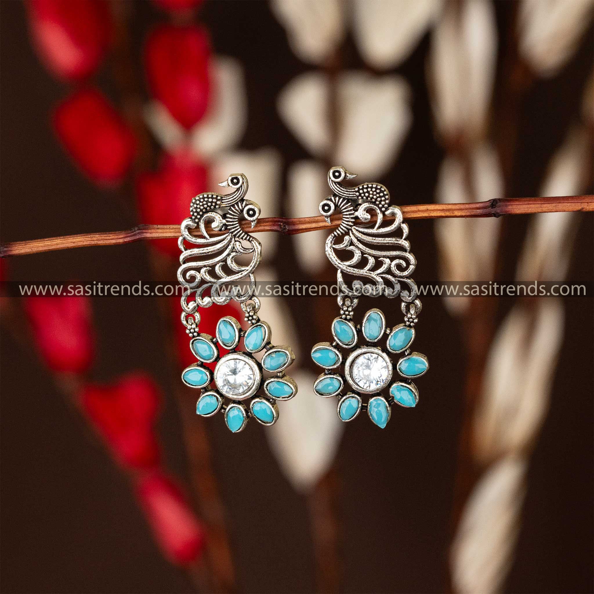 Peacock Petal Oxidised Earrings Sky Blue Flower Stone Online Shopping 