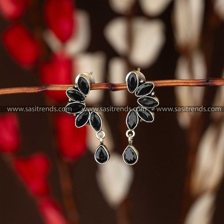 Oxidised silver earrings with black marquise stones in leaf design and teardrop accent navarathiri special