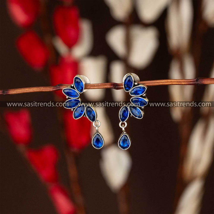 Latest oxidised earrings with blue marquise stones in leaf design and waterdrop designer 