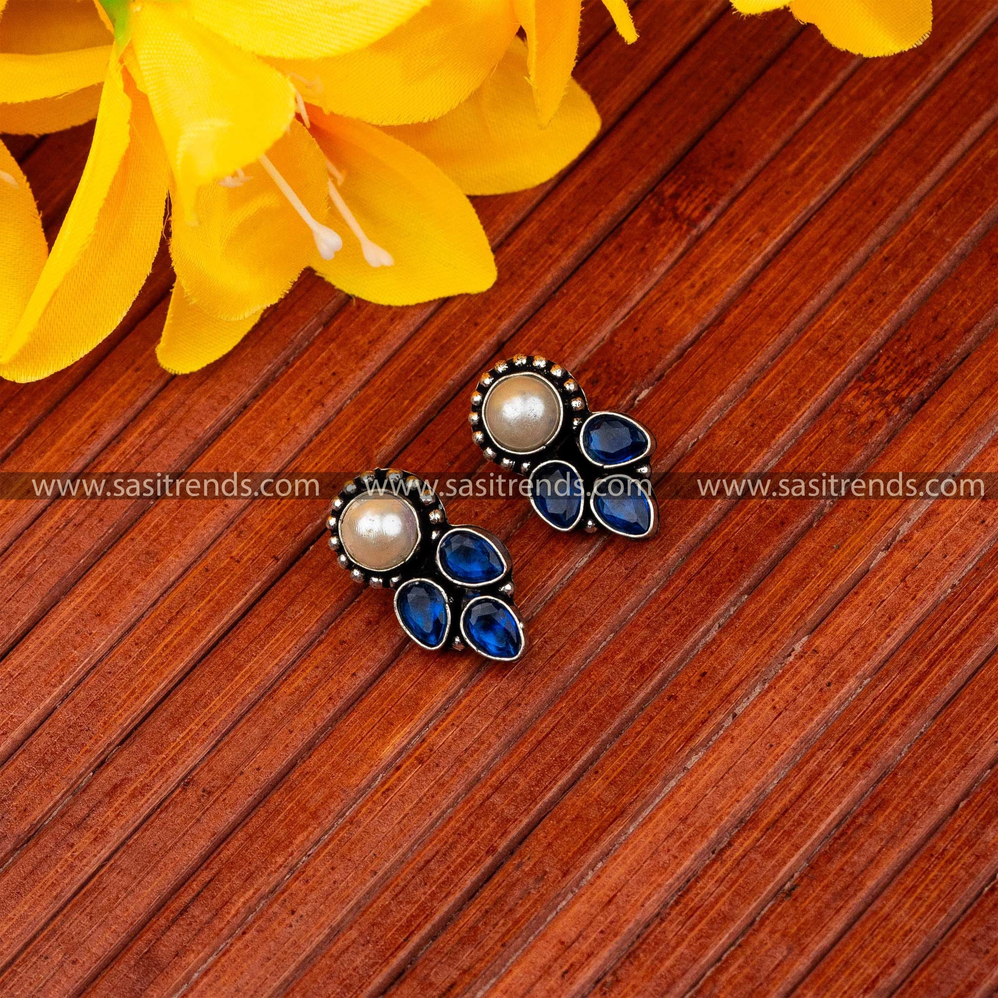 Oxidised silver earrings with central pearl and cascading blue teardrop accents sasitrends online shopping