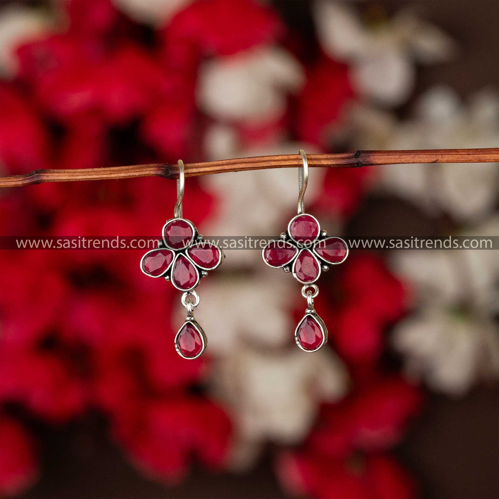 Latest Oxidised Floral Designer Ruby Stone Fish Hook Earrings Sasitrends