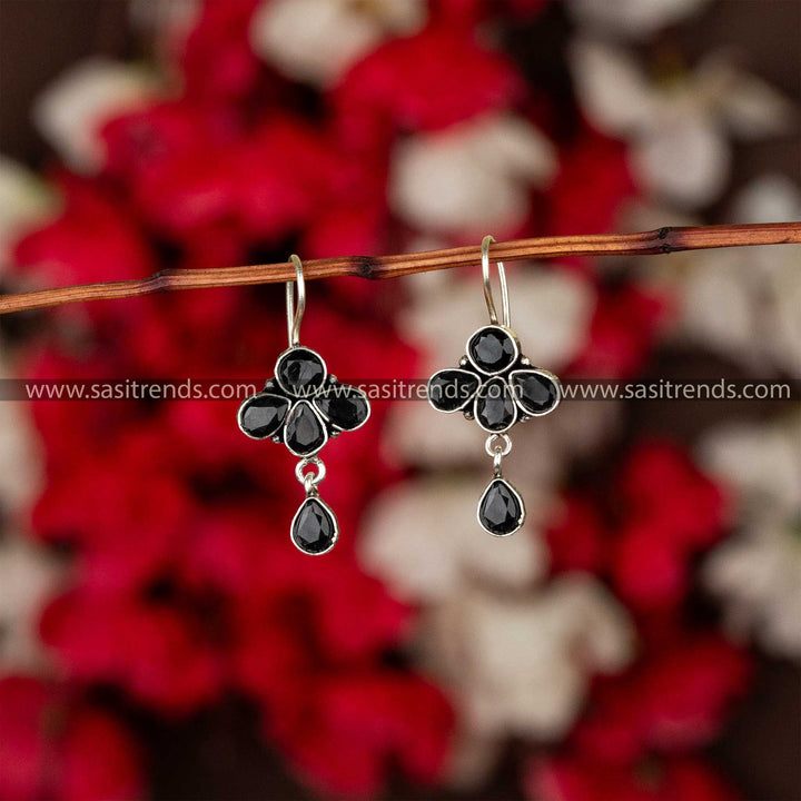 Trendy Traditional Oxidised Black Stone Stud Flower Design Navarathiri special Earrings