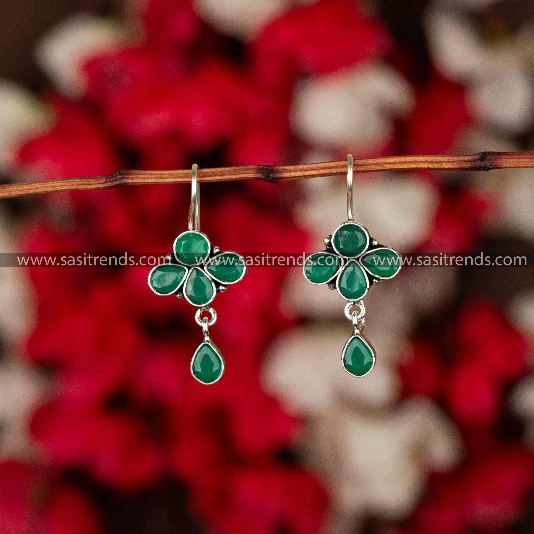 Green Petal Flower Design Stone Hanging Fish Hook Earrings Sasitrends Online Shopping