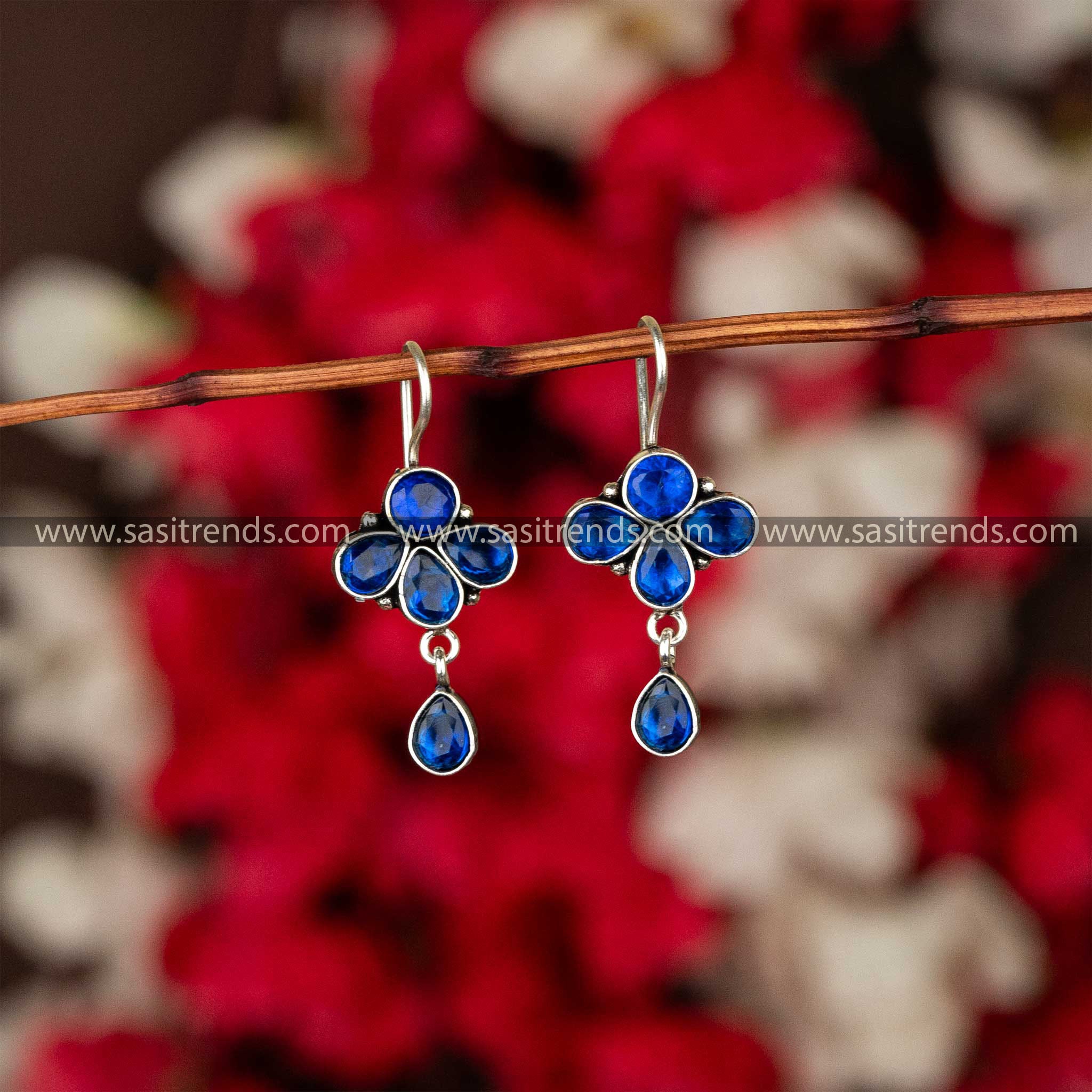 Blue Petal Floral Earrings Latest Oxidised Fish Hook Stone Hanging Design Navarathiri Elegance