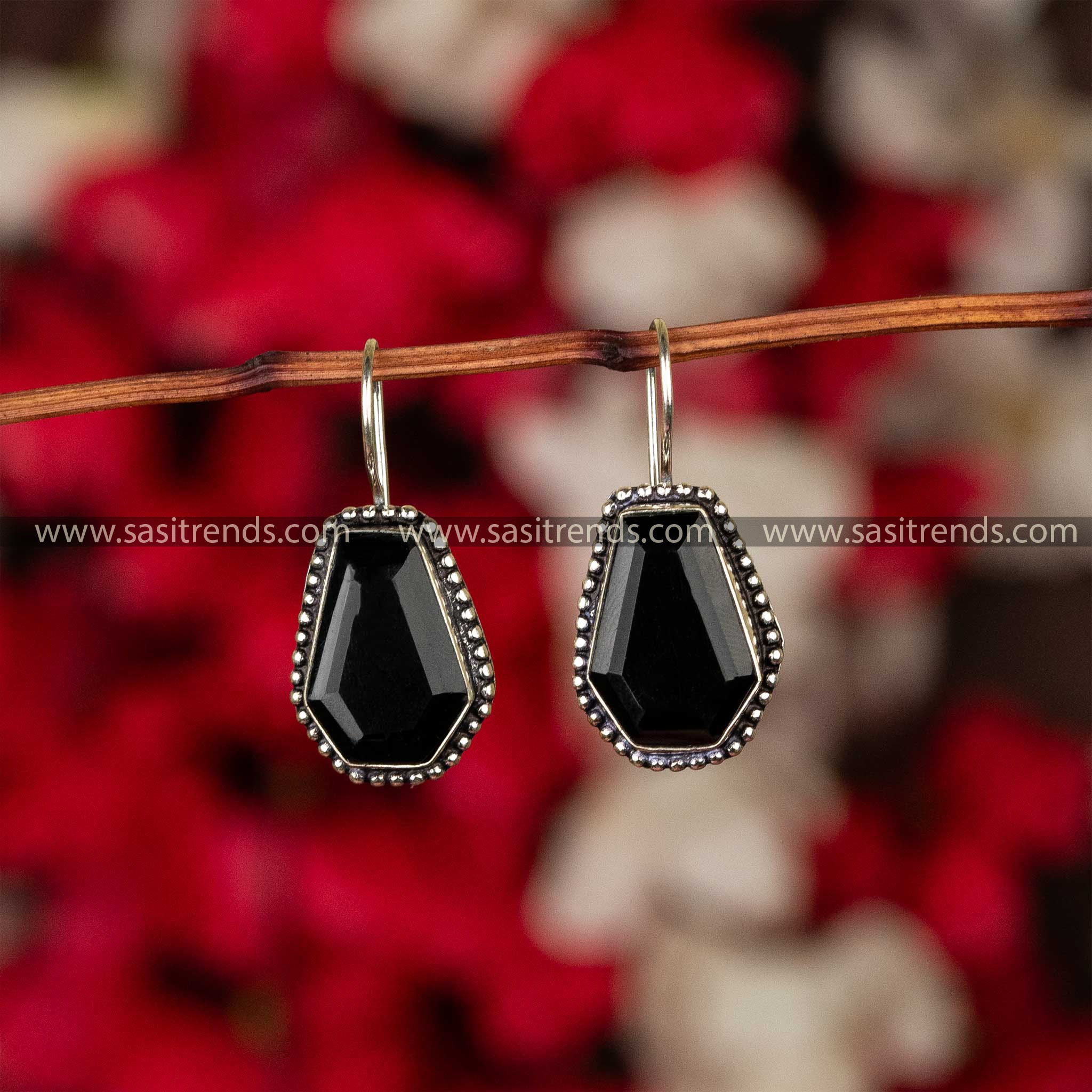 Trendy Oxidised Black Gem Stone Fish Hook Earrings Sasitrends